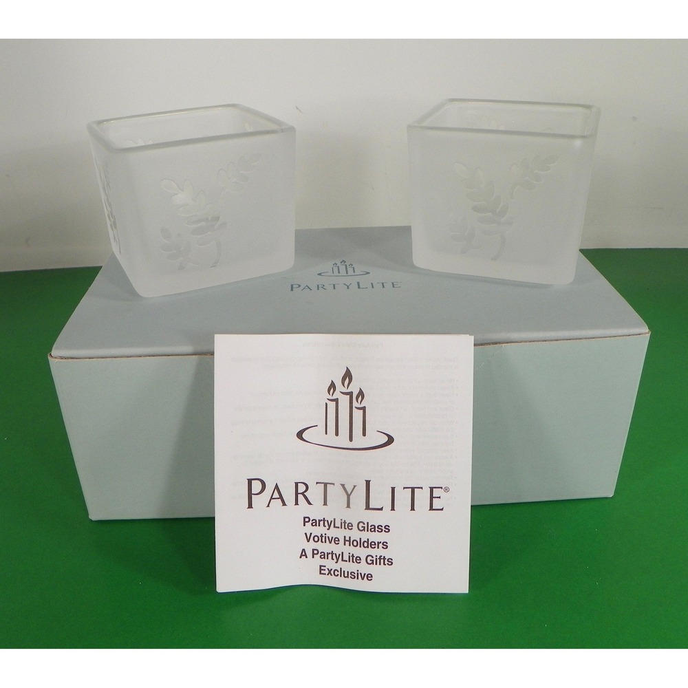 Partylite SQUARE PAIR Leaf Frosted Votive Candle Holders P7235